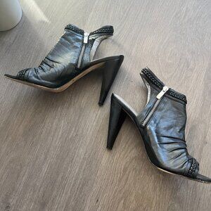 Vince Camuto Black Leather Open-Toed Heels with Braiding Details